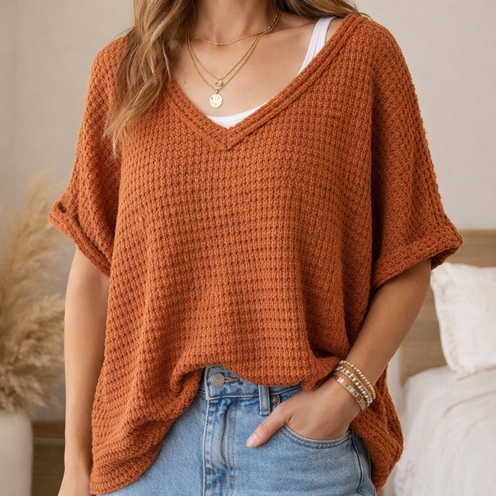 Charlotte Avery Rust Waffle Knit Oversized Boho Dolman Sleeve Top S